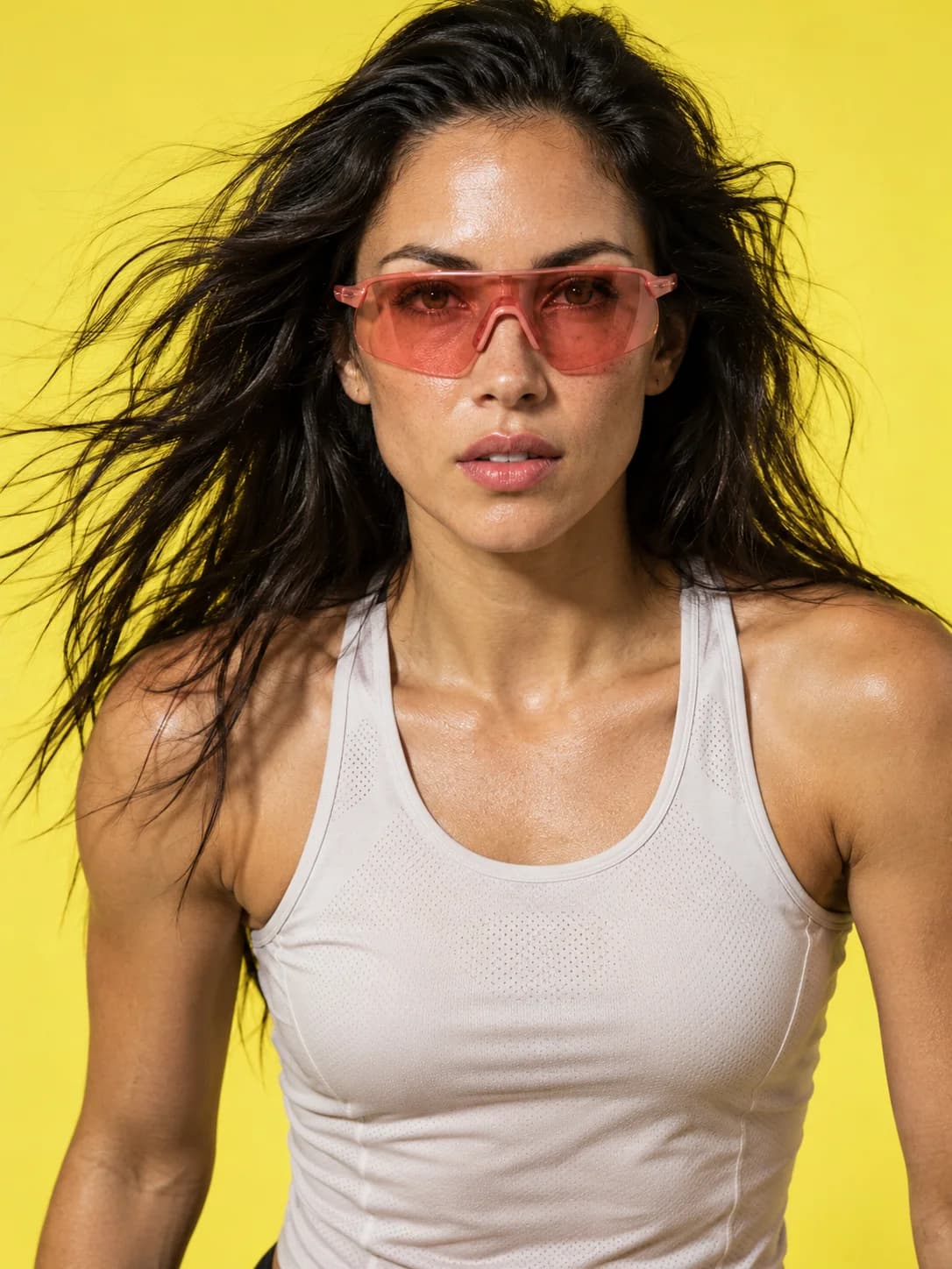 Runner with coral sports glasses, shown through a thermal color treatment